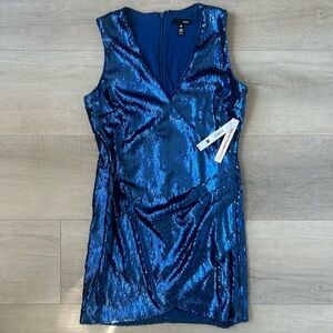 NWT AQUA Sequin Faux Wrap V Neck Mini Dress in Cobalt Blue